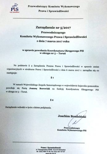 Komitet wykonawczy Prawa i Sprawiedliwości powołał Poseł Joannę Borowiak na stanowisko koordynatora okręgowego