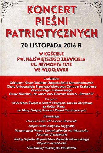 Poseł Joanna Borowiak zaprasza na Koncert Pieśni Patriotycznych w Kościele pw. Najświętszego Zbawiciela we Włocławku