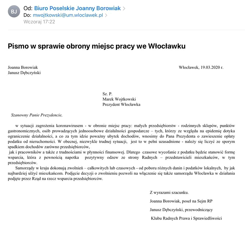 Poseł Joanna Borowiak skierowała do Prezydenta Miasta Włocławek propozycję wsparcia przedsiębiorców i mieszkańców