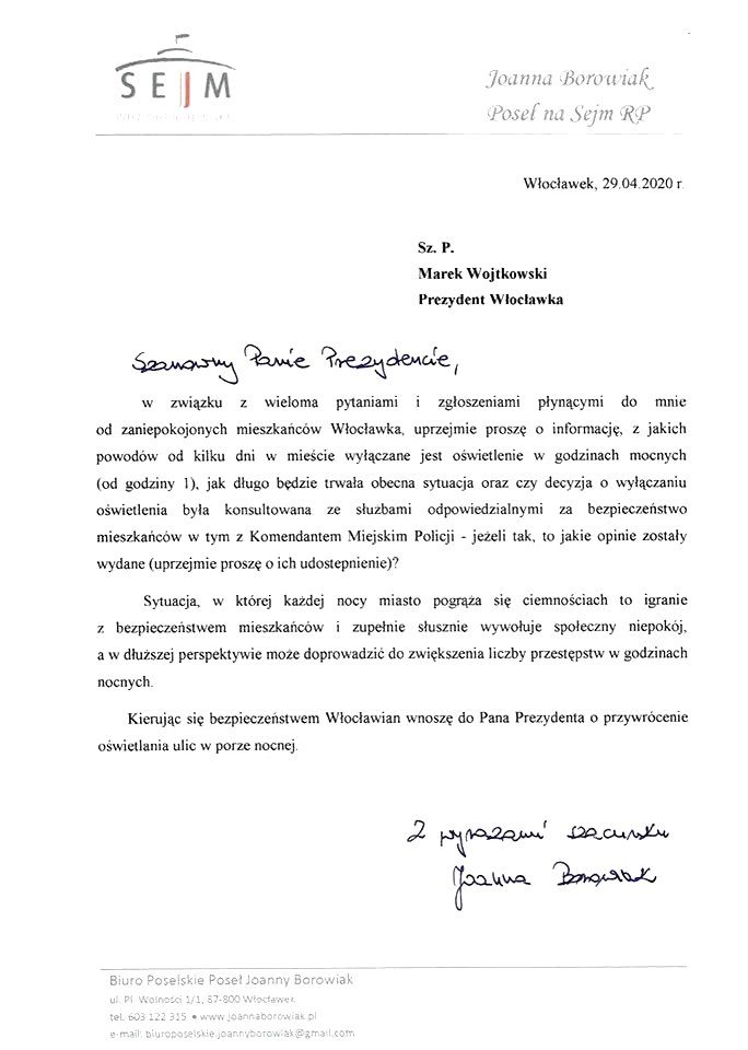 Poseł Joanna Borowiak składa pismo ws. wyłączanego oświetlenia we Włocławku