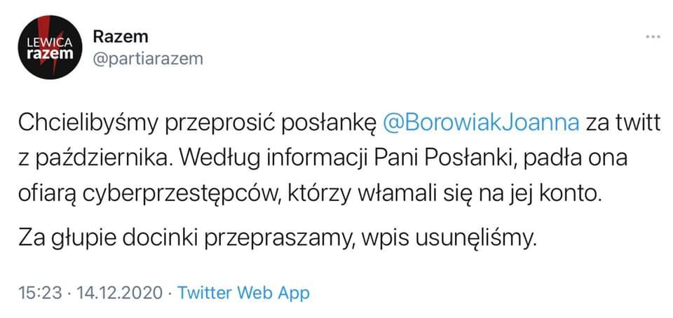 Partia Razem przeprosiła za swój wpis na TT naruszający dobra osobiste Poseł Joanny Borowiak