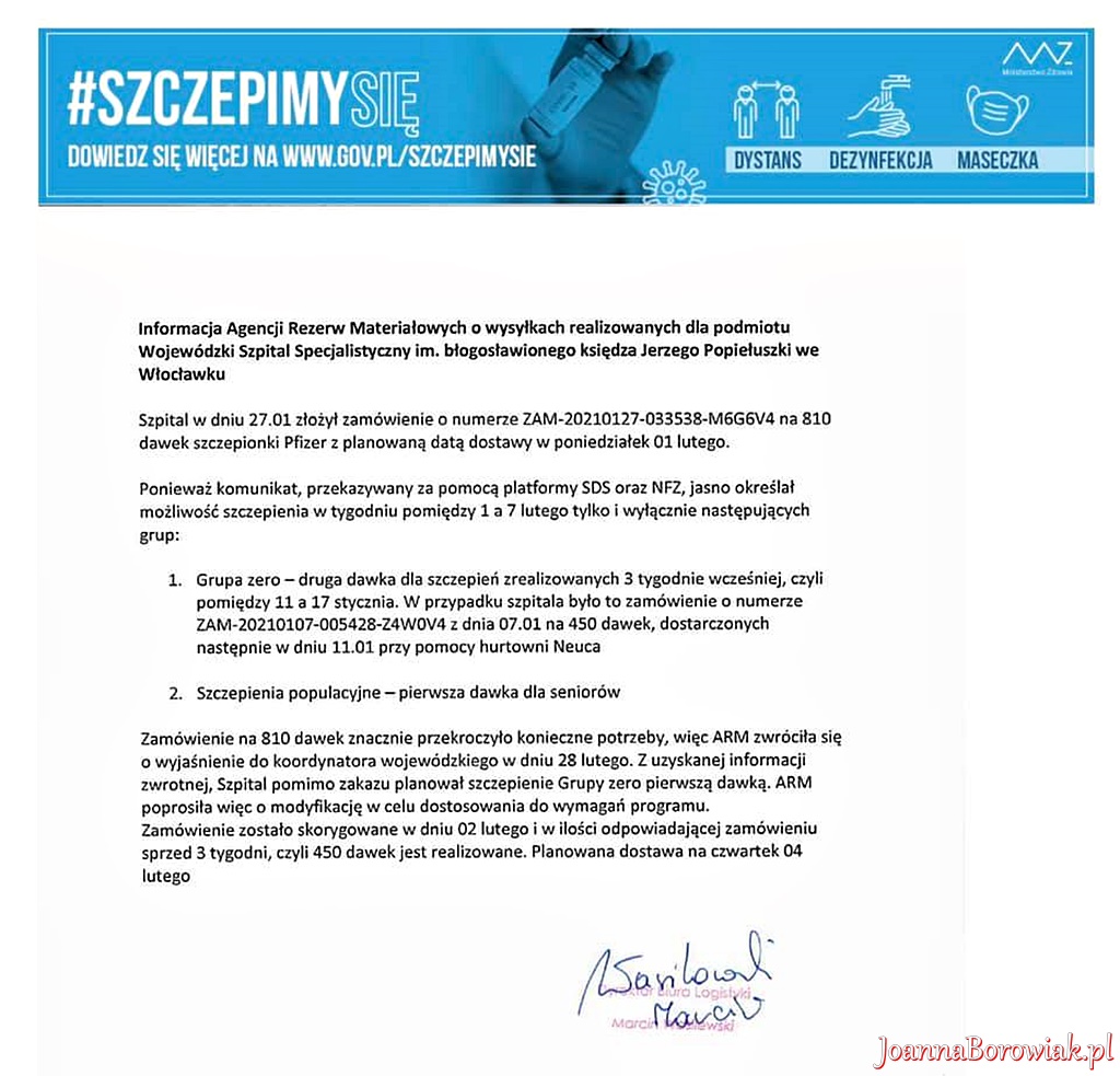 Poseł Joanna Borowiak podjęła działania wyjaśniające sytuację szczepień w szpitalu we Włocławku